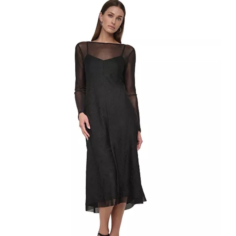 DKNY Crushed Charmeuse Mesh Dress Womens 6 New Black Midi Long Sleeve $139